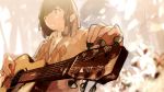  1girl acoustic_guitar brown_eyes brown_hair buttons checkered collared_shirt flower foreshortening guitar highres instrument looking_away loundraw mouth_hold open_collar original plectrum product_placement sepia shirt short_hair signature solo sweater tree wallpaper white_shirt 