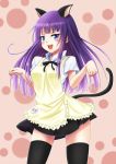  1girl animal_ears apron black_legwear blue_eyes bowtie cat_ears cat_tail cowboy_shot frills hayate_(pixiv1185845) kemonomimi_mode long_hair open_mouth paw_pose paw_print pink_background purple_hair short_sleeves skirt solo standing tail thighhighs tsurime waitress working!! yamada_aoi 