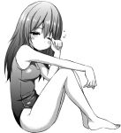  1girl blush breasts greyscale long_hair monochrome rubbing_eyes school_swimsuit simple_background solo swimsuit white_background zaxwu 