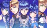  1girl 4boys ahoge armor blonde_hair blue_background blue_eyes blue_hair claude_kenni column_lineup copyright_name edge_maverick fayt_leingod green_eyes hair_color_connection hands_together headband jacket multiple_boys rena_lanford roddick_farrence short_hair smile star_ocean star_ocean_first_departure star_ocean_the_last_hope star_ocean_the_second_story star_ocean_till_the_end_of_time ycco_(estrella) 