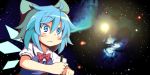  1girl blue_eyes blue_hair bow cirno dorowa_no_hito hair_bow highres ice ice_wings pen solo touhou universe wings 