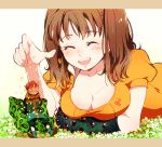 1boy 1girl :d ^_^ blush bodysuit boots breasts brown_eyes brown_hair cleavage closed_eyes diane_(nanatsu_no_taizai) giantess guttary happy jacket king_(nanatsu_no_taizai) large_breasts long_hair looking_at_viewer lying nanatsu_no_taizai open_mouth pants petals pillow short_hair size_difference smile tagme twintails 