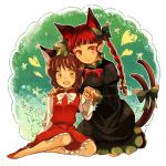  2girls animal_ears bare_legs bow braid brown_hair cat_ears cat_tail chen dress extra_ears fang hair_bow hat heart kaenbyou_rin long_hair looking_at_viewer multiple_girls multiple_tails neko_ni_chikyuu open_mouth pointy_ears red_eyes redhead smile tail tail_bow touhou twin_braids yellow_eyes 