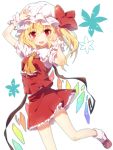  1girl ascot blonde_hair blush bow flandre_scarlet hat kohaku. looking_at_viewer open_mouth red_eyes side_ponytail simple_background smile solo touhou white_background wings 