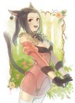  1girl animal_ears bare_shoulders breasts brown_hair cat_ears cat_tail cleavage detached_collar earrings facial_mark final_fantasy final_fantasy_xiv flower forehead forest gloves interlocked_fingers jewelry miniskirt miqo&#039;te mole moryo nature open_mouth red_eyes rose skirt smile tail thigh-highs 