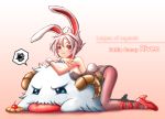  1girl animal_ears belt blue_eyes blush breasts bunny_girl bunny_tail bunnysuit character_name cherry food fruit high_heels horns league_of_legends luumia pantyhose poro_(league_of_legends) rabbit_ears red_eyes resting riven_(league_of_legends) short_hair squiggle tail tongue tongue_out white_hair wrist_cuffs 