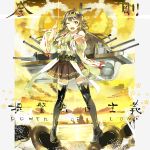  119 1girl ;d bare_shoulders brown_hair cannon clouds detached_sleeves english frilled_skirt frills hair_ornament hairband highres japanese_clothes kantai_collection kongou_(kantai_collection) long_hair miko nontraditional_miko ocean open_mouth ribbon-trimmed_sleeves ribbon_trim ship skirt sky smile solo splashing sunset thighhighs translation_request turret wink yellow_eyes zettai_ryouiki 