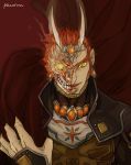  1boy artist_name cape damaged earrings eyebrows ganondorf horns irohaniwoedotirinuruwo jewelry lips male necklace open_mouth redhead skull slit_pupils solo teeth the_legend_of_zelda veins yellow_eyes 