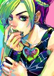  1girl double_bun green_eyes green_hair jojo_no_kimyou_na_bouken kuujou_jolyne multicolored_hair nail_polish natsuki_(jojo2119) purple_hair solo tegaki two-tone_hair 