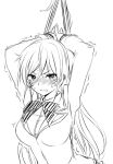  1girl arms_up blush breasts greyscale lineart long_hair medium_breasts monochrome nakiri_erina shokugeki_no_souma simple_background solo tears trembling white_background zaxwu 