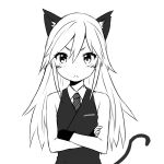  1girl animal_ears blush cat_ears cat_tail crossed_arms flat_chest greyscale long_hair looking_at_viewer monochrome necktie simple_background solo tail white_background zaxwu 