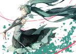  1girl closed_eyes detached_sleeves floating_hair green_hair hair_ribbon hand_on_own_chest hatsune_miku highres long_hair open_mouth ribbon shuzi skirt solo twintails very_long_hair vocaloid 