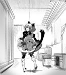  1girl animal_ears boots bow cat_ears cat_tail couch desk dress knee_boots lily_(shiei_no_sona-nyl) looking_back monochrome shiei_no_sona-nyl short_hair solo tail tenkuu_sphere 