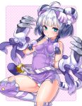  1girl ahoge bare_shoulders belt blue_eyes braid claws haku_(p&amp;d) long_hair looking_at_viewer multicolored_hair parted_lips purple_hair puzzle_&amp;_dragons sato3 solo tail thighs tiger_tail twin_braids white_hair 
