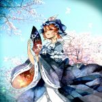  blue_dress cherry_blossoms dress fan hat nonosuke pink_hair saigyouji_yuyuko touhou triangular_headpiece 