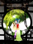  1girl adapted_costume blue_hair commentary_request double_bun flower hair_flower hair_ornament light_particles lips looking_at_viewer looking_back miyako_yoshika miyako_yoshika_(living) nonosuke short_hair solo tagme touhou tree violet_eyes younger 