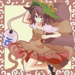  1girl :3 aki_chimaki animal_ears bell brown_eyes brown_hair colored_eyelashes futatsuiwa_mamizou glasses gourd hat highres raccoon_ears raccoon_tail skirt smile solo tail touhou 