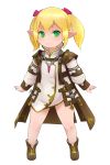  1girl bare_legs blonde_hair boots bow coat final_fantasy final_fantasy_xiv green_eyes hair_bow jewelry lalafell pendant pointy_ears smile takatsuki_kahiro twintails 