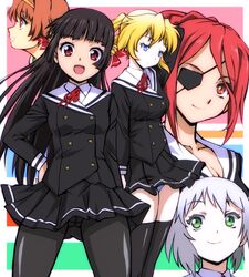 5girls bell black_hair black_legwear blonde_hair blue_eyes breasts brown_eyes brown_hair cardigan cleavage crotch_seam eyepatch green_eyes hair_ornament hairband himenokouji_akiko kawamura_kousuke long_hair multiple_girls nasuhara_anastasia nikaidou_arashi onii-chan_dakedo_ai_sae_areba_kankeinai_yo_ne panties panties_under_pantyhose pantyhose ponytail red_eyes redhead sawatari_ginbee_haruomi school_uniform takanomiya_arisa thighhighs underwear wink yuya