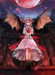  1girl ascot bat_wings blue_hair brooch dress full_moon hat hat_ribbon jewelry looking_at_viewer mob_cap moon nazuka_(mikkamisaki) night open_mouth pink_dress pink_eyes puffy_sleeves red_moon remilia_scarlet ribbon sash short_sleeves sky smile solo touhou wings wrist_cuffs 