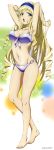  1girl absurdres armpits arms_behind_head bikini blonde_hair blue_eyes blush breasts cecilia_alcott cleavage drill_hair frills front-tie_top hairband highres incredibly_absurdres infinite_stratos long_hair midriff navel o-ring_bikini official_art open_mouth scan solo swimsuit very_long_hair yasuno_masato 
