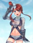  1girl :d blue_eyes blue_gloves blue_sky blush fuuro_(pokemon) gloves hair_ornament highres long_hair midriff moe_(hamhamham) navel open_mouth payot pokemon pokemon_(game) pokemon_bw pokemon_bw2 redhead salute short_shorts shorts sky smile solo suspenders 