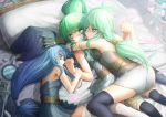  3girls bare_shoulders black_legwear blue_eyes blue_hair blush caam_serenity_of_gusto duel_monster flower gishki_ariel green_eyes green_hair hat hokuto_shinken holding_hands hug licking_hand long_hair low-tied_long_hair lying_on_person multiple_girls on_bed petals pillow ponytail thighhighs wand white_legwear witch_hat wynnda_miko_of_the_gusta yuri yuu-gi-ou 