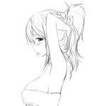  1girl arms_up blush breasts bust greyscale large_breasts lineart long_hair monochrome mouth_hold profile simple_background solo tying_hair white_background zaxwu 