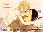  2girls blonde_hair blush calendar casual chocolate chocolate_heart christa_renz couple ebi_no_osushi freckles hair_down half-closed_eyes heart looking_at_another mouth_hold multiple_girls open_mouth pillow shingeki_no_kyojin short_hair short_sleeves valentine ymir_(shingeki_no_kyojin) yuri 