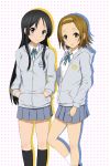  2girls akiyama_mio black_eyes black_hair brown_eyes brown_hair ckst hairband highres hoodie k-on! long_hair multiple_girls parka school_uniform short_hair tainaka_ritsu 