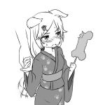  1girl animal_ears blush dog_ears dog_tail fang greyscale hair_ornament hairclip holding_hands japanese_clothes kimono long_hair monochrome paw_print simple_background tail tail_wagging white_background zaxwu 
