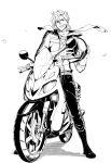  1boy boots contemporary diego_brando helmet highres jojo_no_kimyou_na_bouken leather_jacket linjie monochrome motor_vehicle motorcycle motorcycle_helmet scarf solo steel_ball_run vehicle 