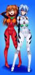  2girls ;d anzu_(onelelee) ayanami_rei blue_eyes blue_hair bodysuit breasts full_body hand_on_hip highres long_hair multiple_girls neon_genesis_evangelion open_mouth orange_hair plugsuit red_eyes shiny shiny_clothes short_hair smile souryuu_asuka_langley standing wink 