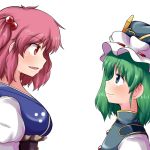  2girls breasts bust eye_contact green_eyes green_hair hair_bobbles hair_ornament hat high_collar looking_at_another looking_down looking_up mono_(mono60) multiple_girls onozuka_komachi parted_lips pink_hair profile red_eyes shiki_eiki short_hair simple_background smile touhou twintails white_background 