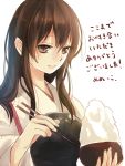  1girl akagi_(kantai_collection) brown_eyes brown_hair chopsticks food kantai_collection long_hair nunucco simple_background smile solo translation_request white_background 