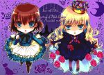  2girls blonde_hair blue_dress blue_eyes boots bow brown_hair cat chibi company_name copyright_name crescent_moon crown dress flower knee_boots lily_(shiei_no_sona-nyl) long_hair moon multiple_girls pantyhose pink_rose rose rose_witch see-through shiei_no_sona-nyl shoes short_hair striped striped_legwear suzuka_(once) vertical-striped_legwear vertical_stripes 