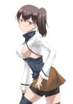  1girl aa_gun alternate_costume armor bike_shorts blush boots breasts brown_eyes brown_hair cosplay highres iwatobi_hiro kaga_(kantai_collection) kantai_collection personification short_hair side_ponytail sideboob skirt solo taihou_(kantai_collection) taihou_(kantai_collection)_(cosplay) thigh_boots thighhighs 