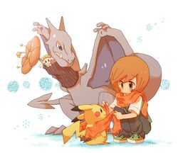  1boy aerodactyl brown_hair floette orange_hair piisuke_(ebiko) pikachu pokemon pokemon_(creature) pokemon_(game) scarf short_hair smile squatting toroba_(pokemon) 