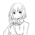  1girl breasts bust cellphone greyscale large_breasts lineart looking_at_viewer monochrome phone short_hair simple_background sketch solo white_background zaxwu 