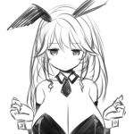  1girl animal_ears breasts bust cleavage detached_collar greyscale huge_breasts lineart long_hair looking_at_viewer monochrome simple_background sketch solo white_background zaxwu 