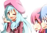  3girls ;d aino_megumi beret blue_eyes blue_hair cure_lovely cure_princess gyahu hair_down happinesscharge_precure! hat hosshiwa long_hair multiple_girls open_mouth pink_hair precure shirayuki_hime simple_background smile white_background wink 