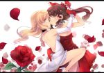  2girls alternate_costume ass back bare_legs bare_shoulders blonde_hair bow breasts brown_hair choker dancing dress elbow_gloves flower gloves hair_bow hair_tubes hakurei_reimu high_heels kirisame_marisa long_hair looking_at_viewer multiple_girls petals red_eyes red_gloves rose shin_(new) touhou white_gloves yuri 