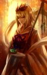  1girl bishamonten&#039;s_pagoda blonde_hair hair_ornament light_smile mikikoto_hitsuji polearm shawl short_hair solo spear toramaru_shou touhou weapon 