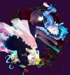  2girls blonde_hair blue_eyes blue_skirt boots brown_hair crown dress floral_background flower frills knee_boots lily_(shiei_no_sona-nyl) long_hair multiple_girls purple_background purple_rose red_rose rose rose_witch rotational_symmetry see-through shiei_no_sona-nyl shoes short_hair skirt ssscheme 