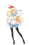  1girl ;) black_legwear blonde_hair blue_eyes hair_ribbon highres kirisaki_chitoge loafers long_hair long_sleeves miniskirt necktie nisekoi official_art ribbon school_uniform shoes skirt solo sugiyama_nobuhiro thighhighs v wink zettai_ryouiki 