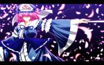  1girl arm_strap blue_eyes breasts closed_eyes closed_fan fan folding_fan hat highres large_breasts letterboxed long_sleeves nekominase outstretched_arm petals pink_hair saigyouji_yuyuko sash solo touhou triangular_headpiece veil wallpaper wide_sleeves 