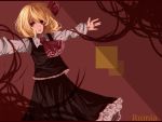  1girl absurdres ascot black_dress black_skirt blonde_hair character_name dress dress_shirt frilled_skirt frills glance hair_ribbon highres hikage open_mouth outstretched_arms red_background red_eyes ribbon rumia shirt short_hair skirt solo touhou 