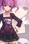  1girl aisha_(elsword) artist_name black_skirt bracelet contemporary elsword hand_on_hip highres jewelry necklace pleated_skirt purple_hair short_hair skirt skull_and_crossbones smile solo swd3e2 twintails violet_eyes zoom_layer 