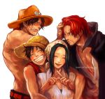 1girl 2014 3boys bandana black_hair blush closed_eyes dated facial_hair freckles grin happy_birthday hat jewelry long_hair makino_(one_piece) monkey_d._luffy multiple_boys necklace one_piece portgas_d._ace redhead scar scar_across_eye shanks_(one_piece) shirtless short_hair simple_background smile straw_hat tsuyomaru white_background