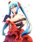  1girl backlighting bare_shoulders between_breasts black_gloves blue_eyes blue_hair breasts cleavage dress elbow_gloves gloves hair_ribbon half-closed_eyes hatsune_miku highres large_breasts long_hair looking_at_viewer microphone microphone_stand off_shoulder petals red_dress ribbon smile solo twintails umakatsuhai very_long_hair vocaloid 